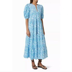 Oliphant Blue Floral Puff-Sleeve Maxi Dress 100% Cotton